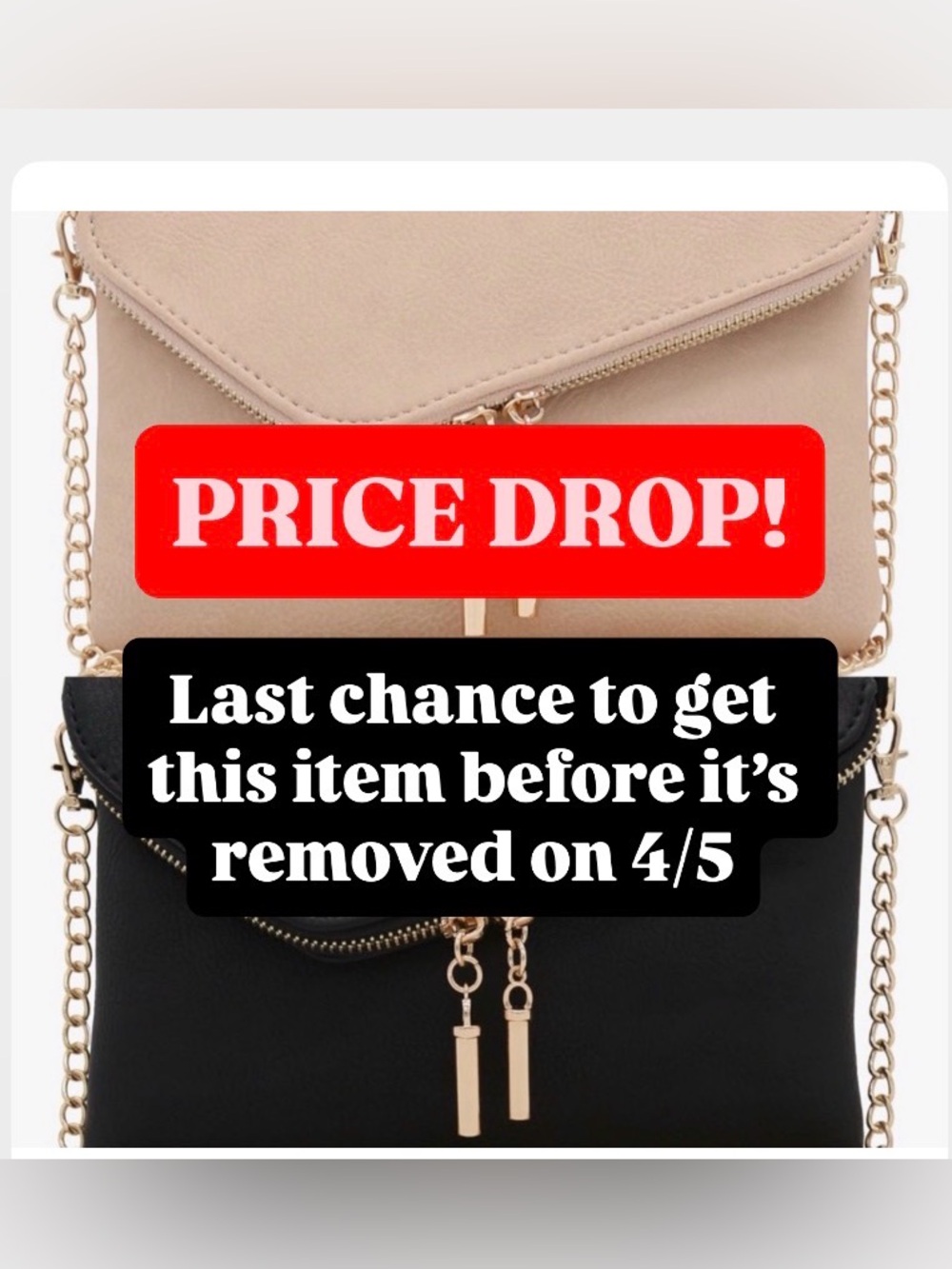 2 envelope clutches/ optional crossbody chain, magnetic snap & zip closures